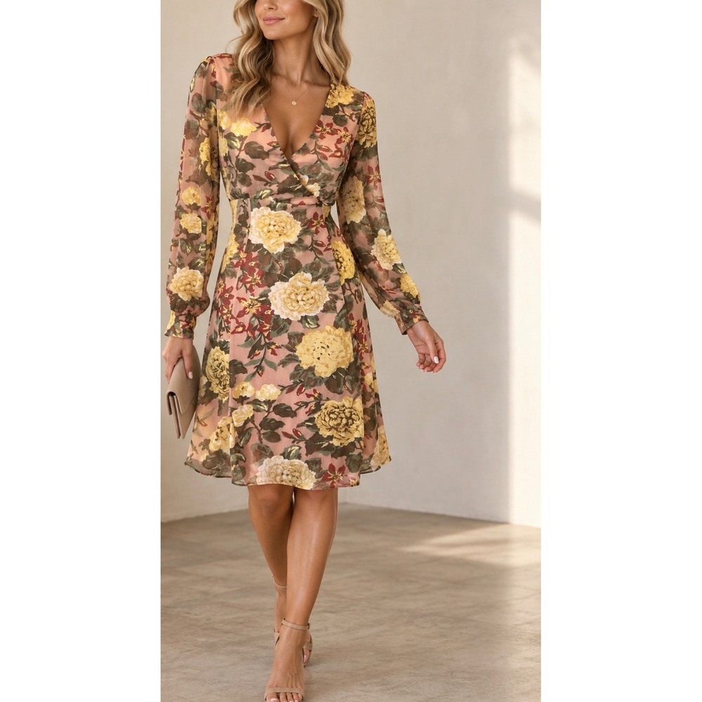 Allison Brittney Sz XL Pink Floral Sheer Long Sleeve Lined Midi Dress Feminine